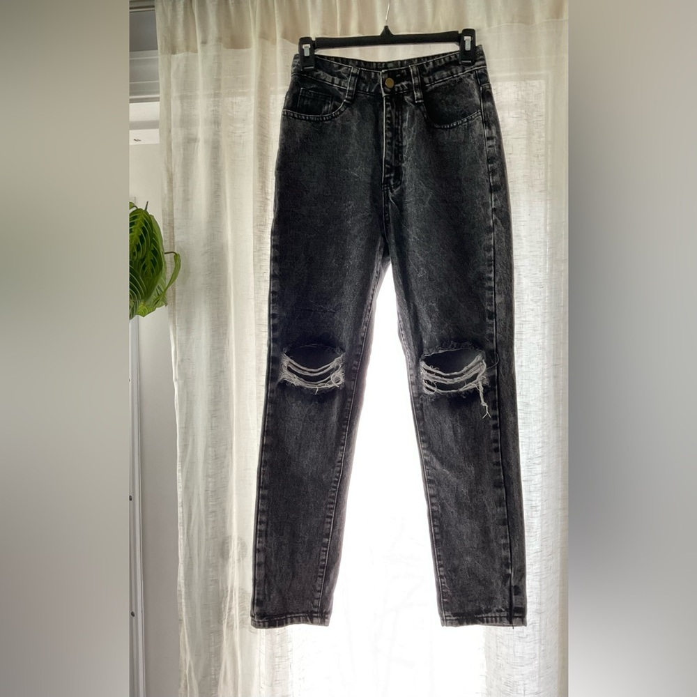 SHEIN Grey Acid Wash Ripped Jeans, Size: US2/XS, Grey/Black